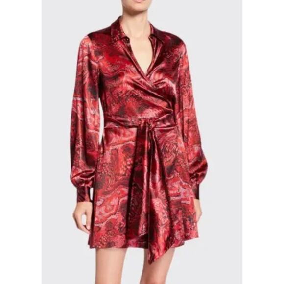Ganni Women's Red Printed Silk-Blend Stretch Satin Mini Wrap Dress, Size 42,NWOT - Picture 1 of 8